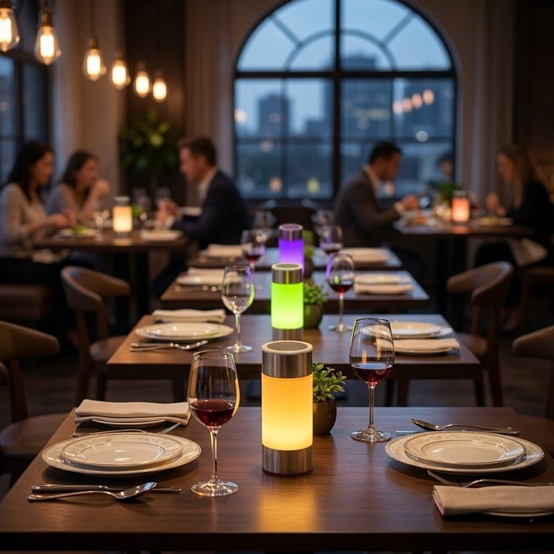 Servicelampor i olika färger på dukade restaurangbord